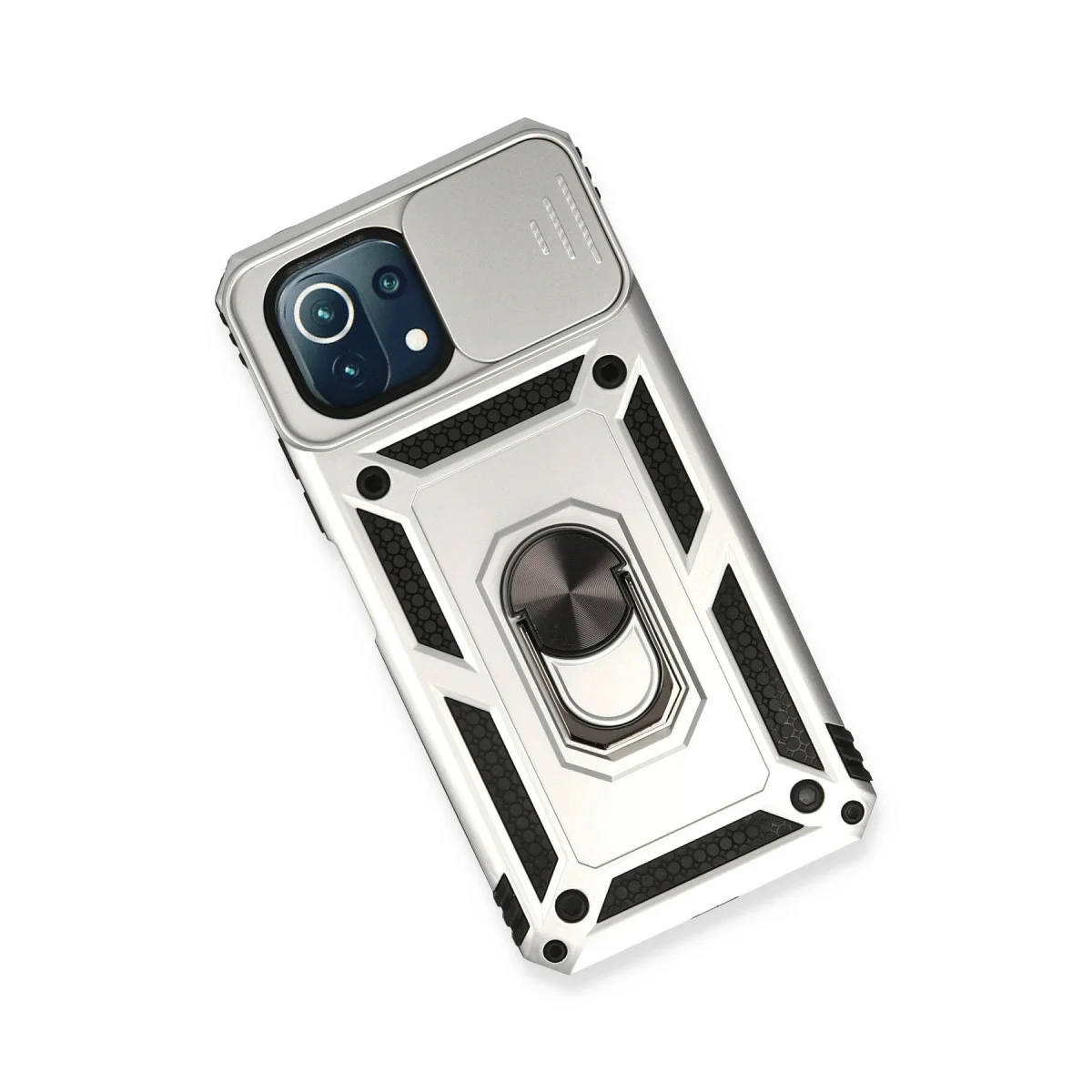 Mİ 11 Lite Kılıf Silikon Gümüş Lens Korumalı ve Metal Standlı