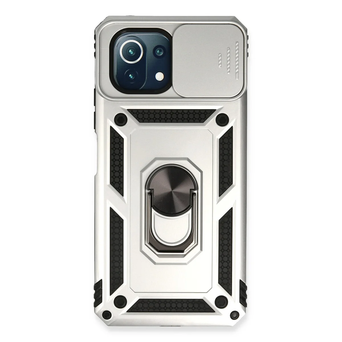 Mİ 11 Lite Kılıf Silikon Gümüş Lens Korumalı ve Metal Standlı