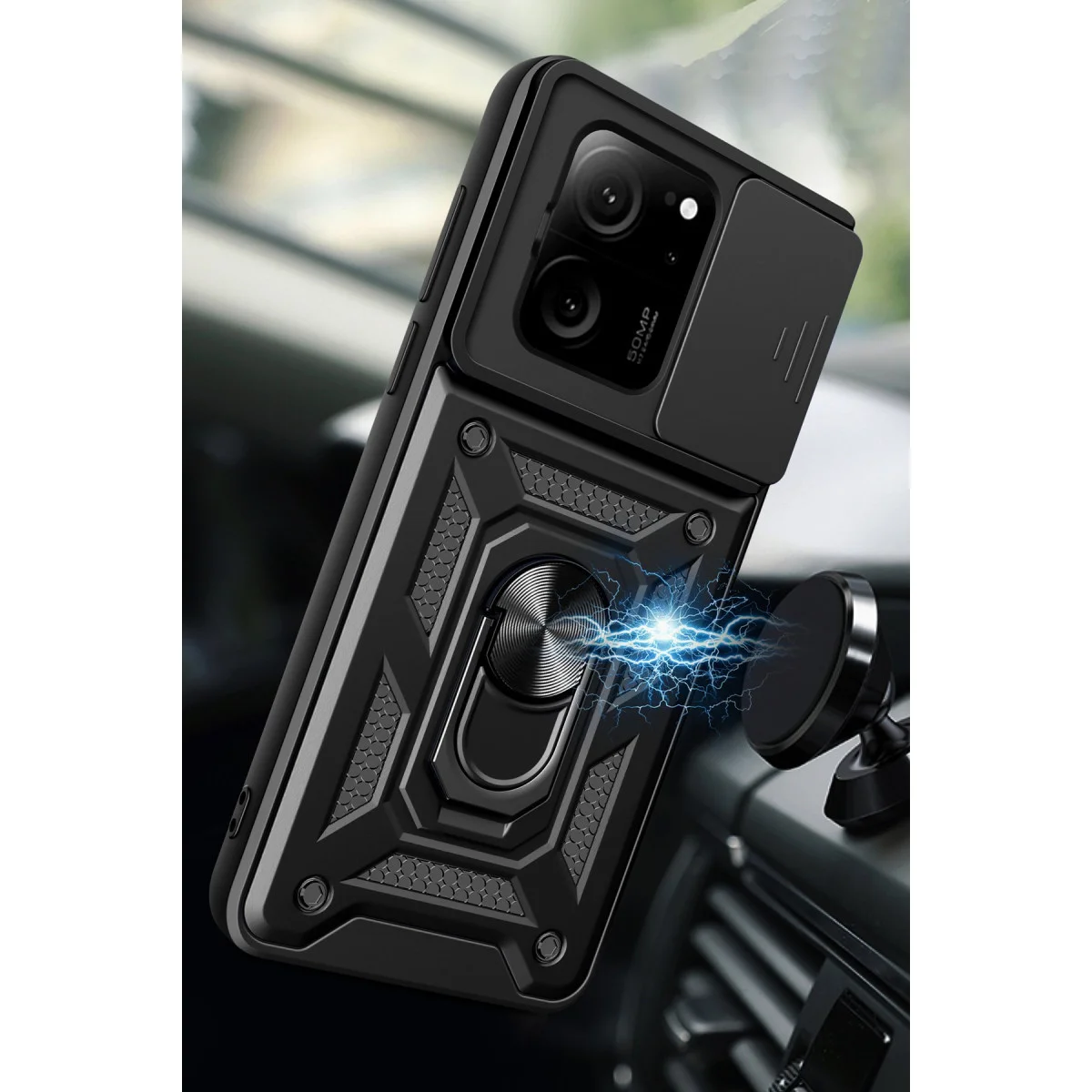 Mi 13T Pro Kılıf Yeşil Silikon Lens Korumalı Metal Halkalı Stand