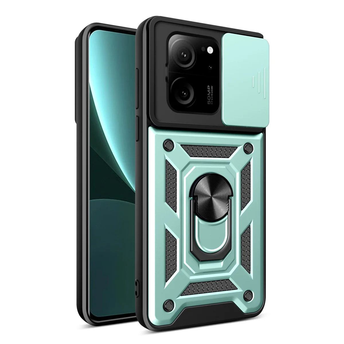 Mi 13T Pro Kılıf Yeşil Silikon Lens Korumalı Metal Halkalı Stand