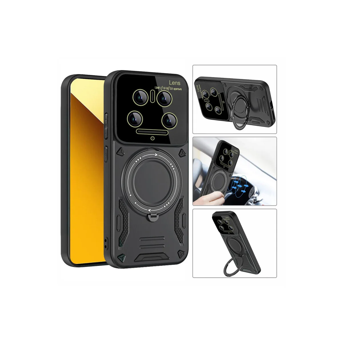 Mi 14 Ultra Kılıf Joy Lens Standlı Kapak - 360 Döner Parmak Halkası & Askeri Düzeyde Darbe Koruması