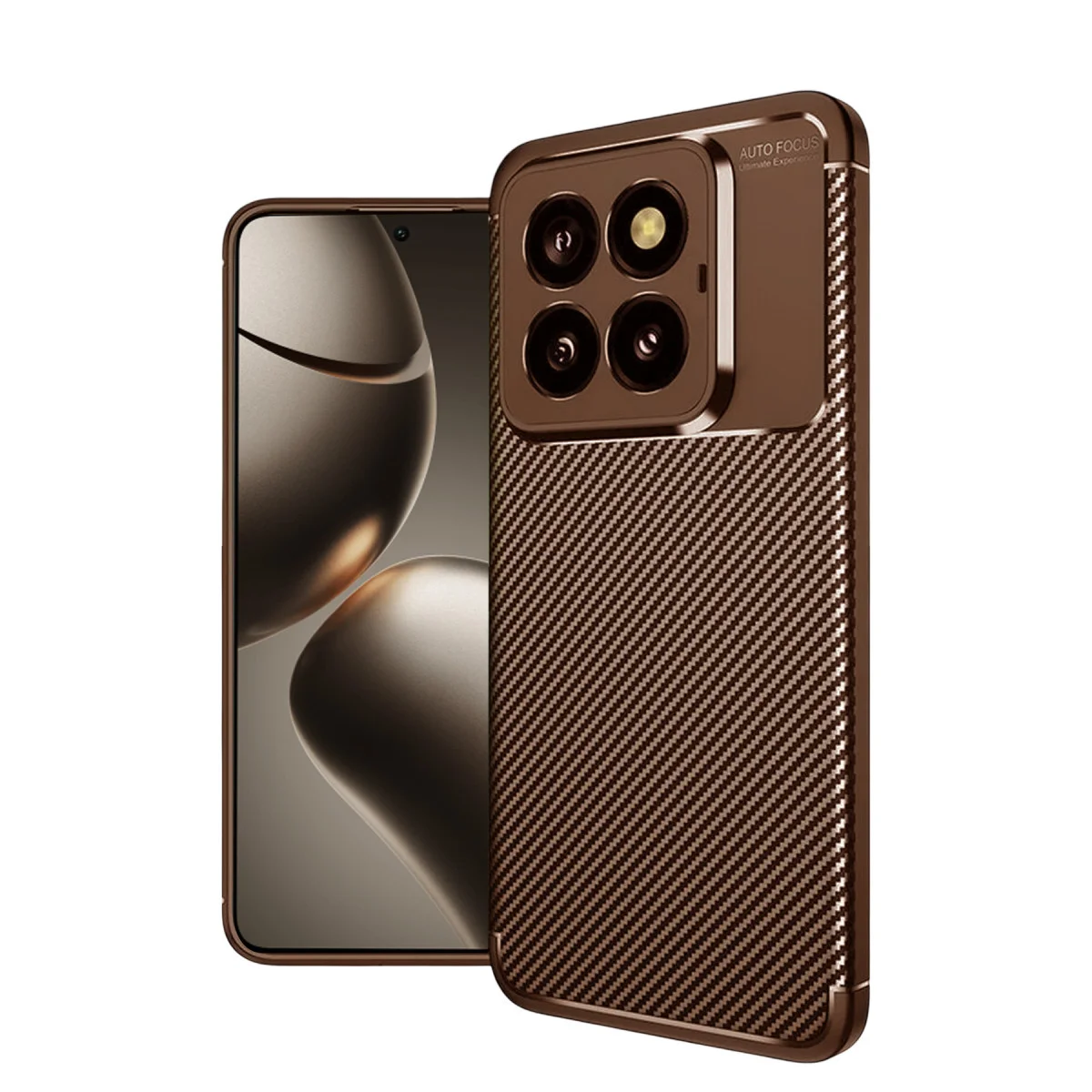 Mi 14T Pro Auto Focus Karbon Kapak - Kahverengi, Parmak İzi Önleyici, Şişirme Kalkanlı Kılıf