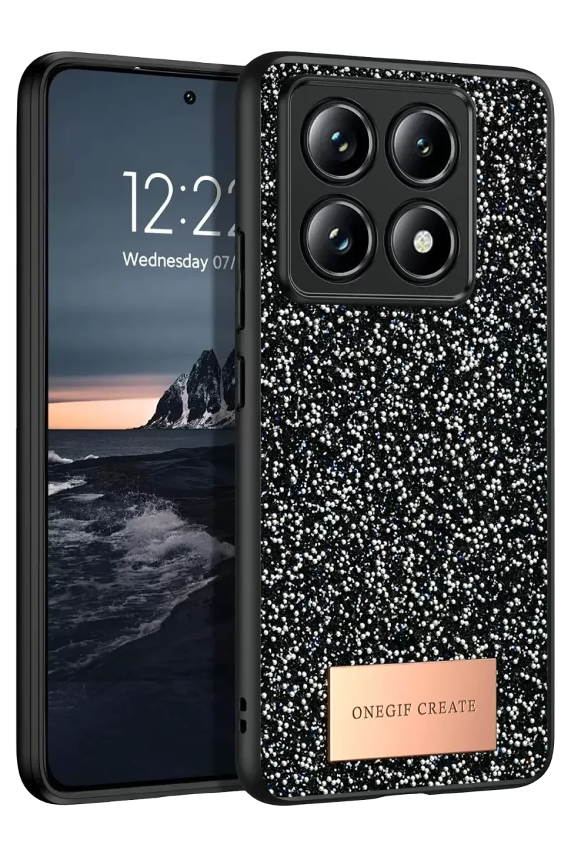 Mi 14T Pro ile Uyumlu Bright Simli Kapak - Siyah Boncuk İşlemeli Telefon Kılıfı