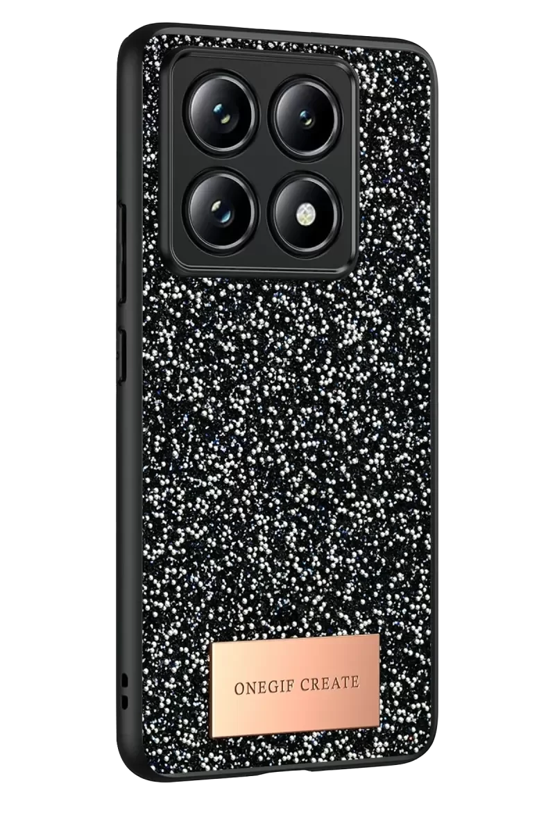 Mi 14T Pro ile Uyumlu Bright Simli Kapak - Siyah Boncuk İşlemeli Telefon Kılıfı