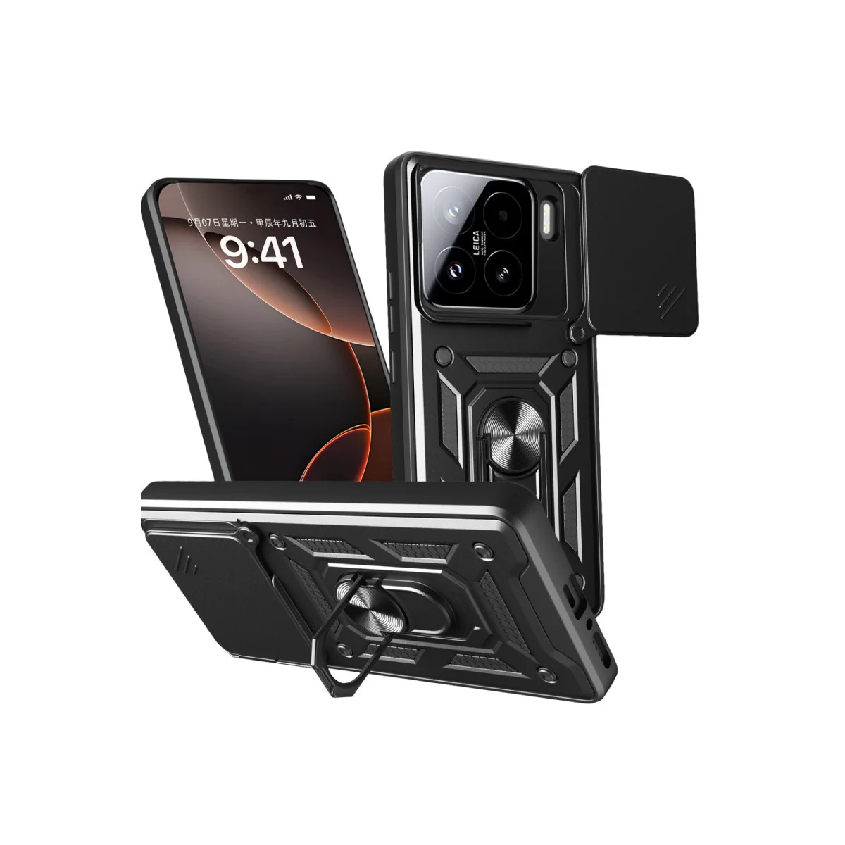 Mi 15 Pars Lens Yüzüklü Silikon Kılıf - Siyah, Kamera Korumalı ve Metal Standlı