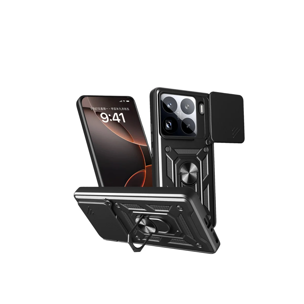Mi 15 Pro Kılıf Pars Lens Yüzüklü Silikon - Siyah - Premium Koruma ve Stand