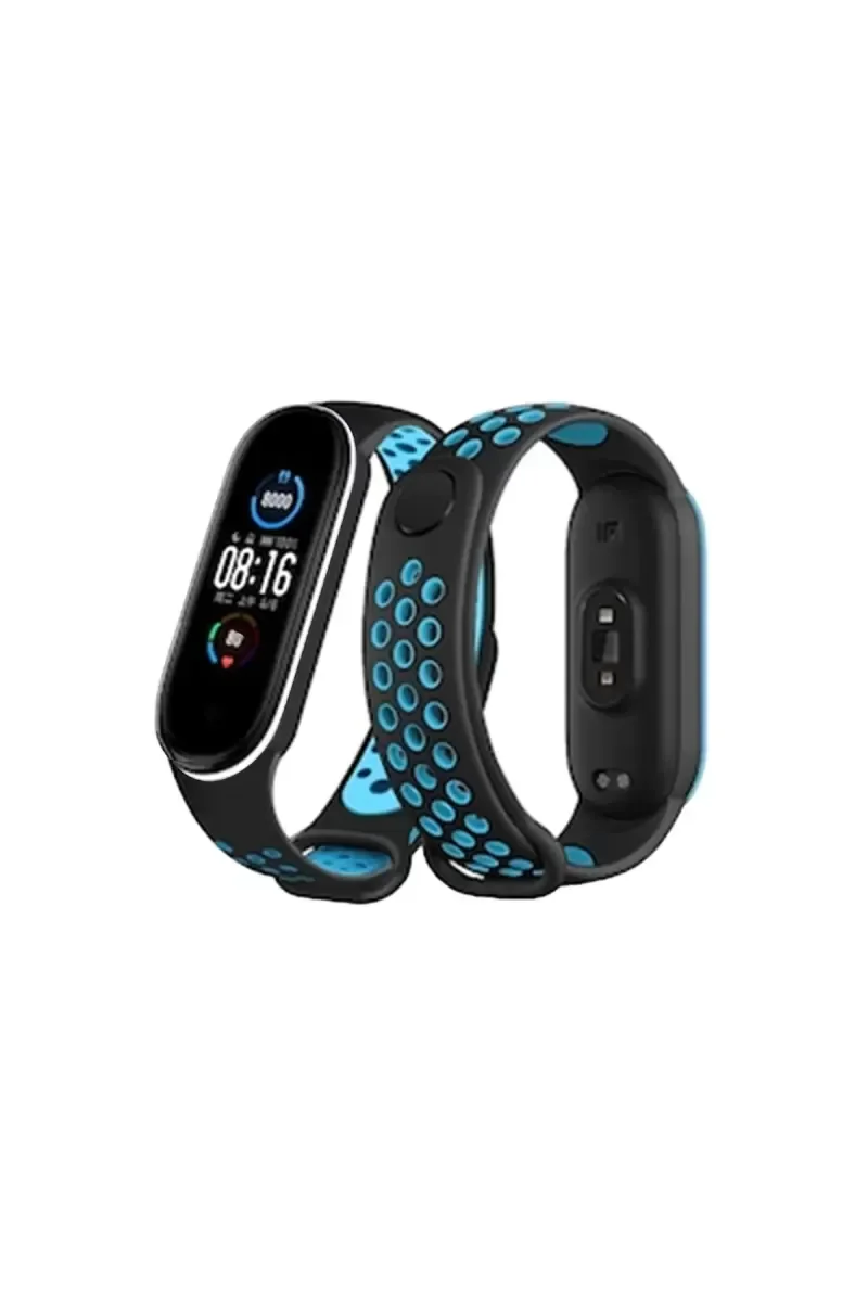 Mi Band 6 ile Uyumlu Spor Delikli Kordon - Siyah-Mavi-Beyaz | Dayanıklı ve Nefes Alan Bileklik