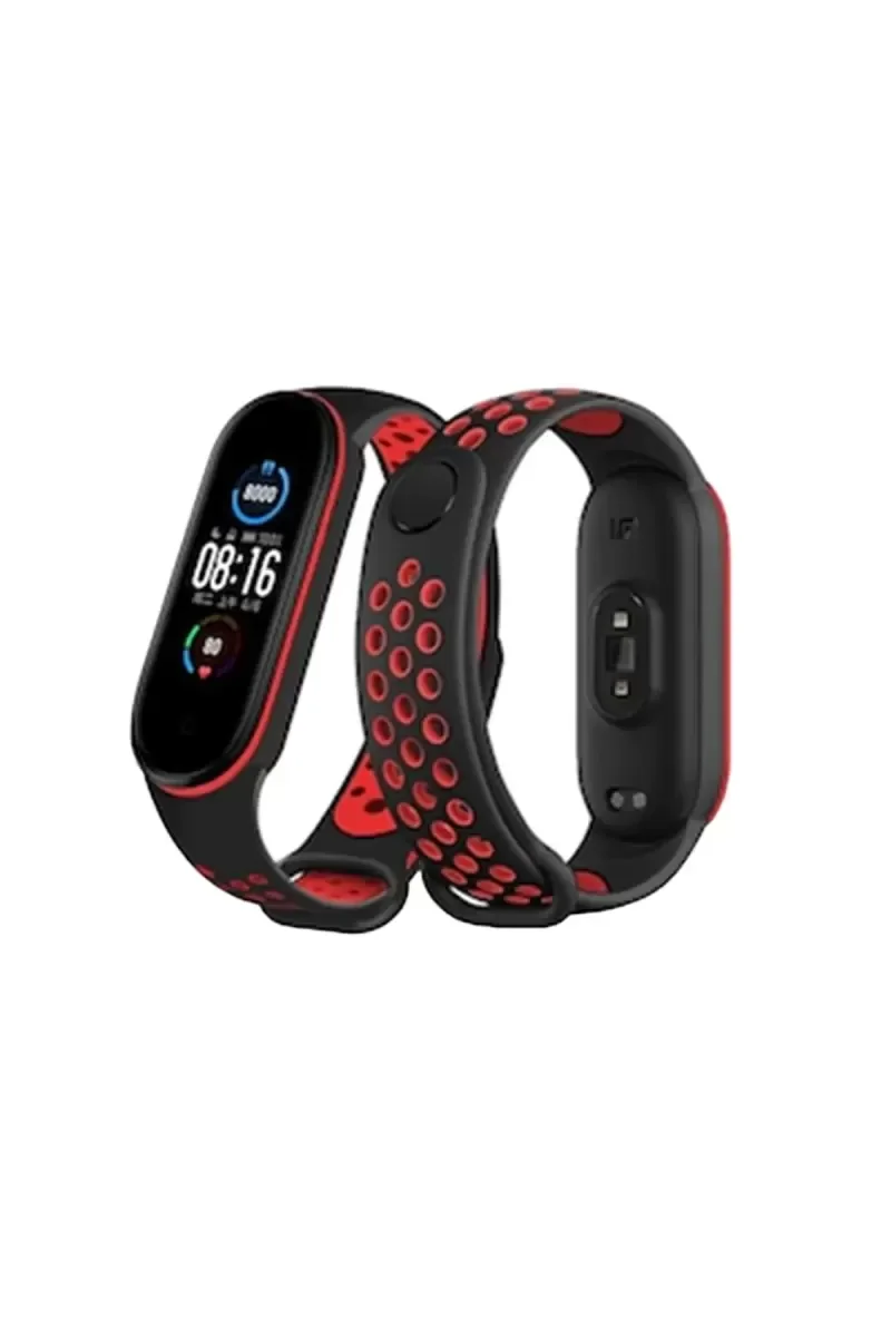 Mi Band 6 ile Uyumlu Spor Delikli Kordon - Siyah/Kırmızı | Dayanıklı & Nefes Alan
