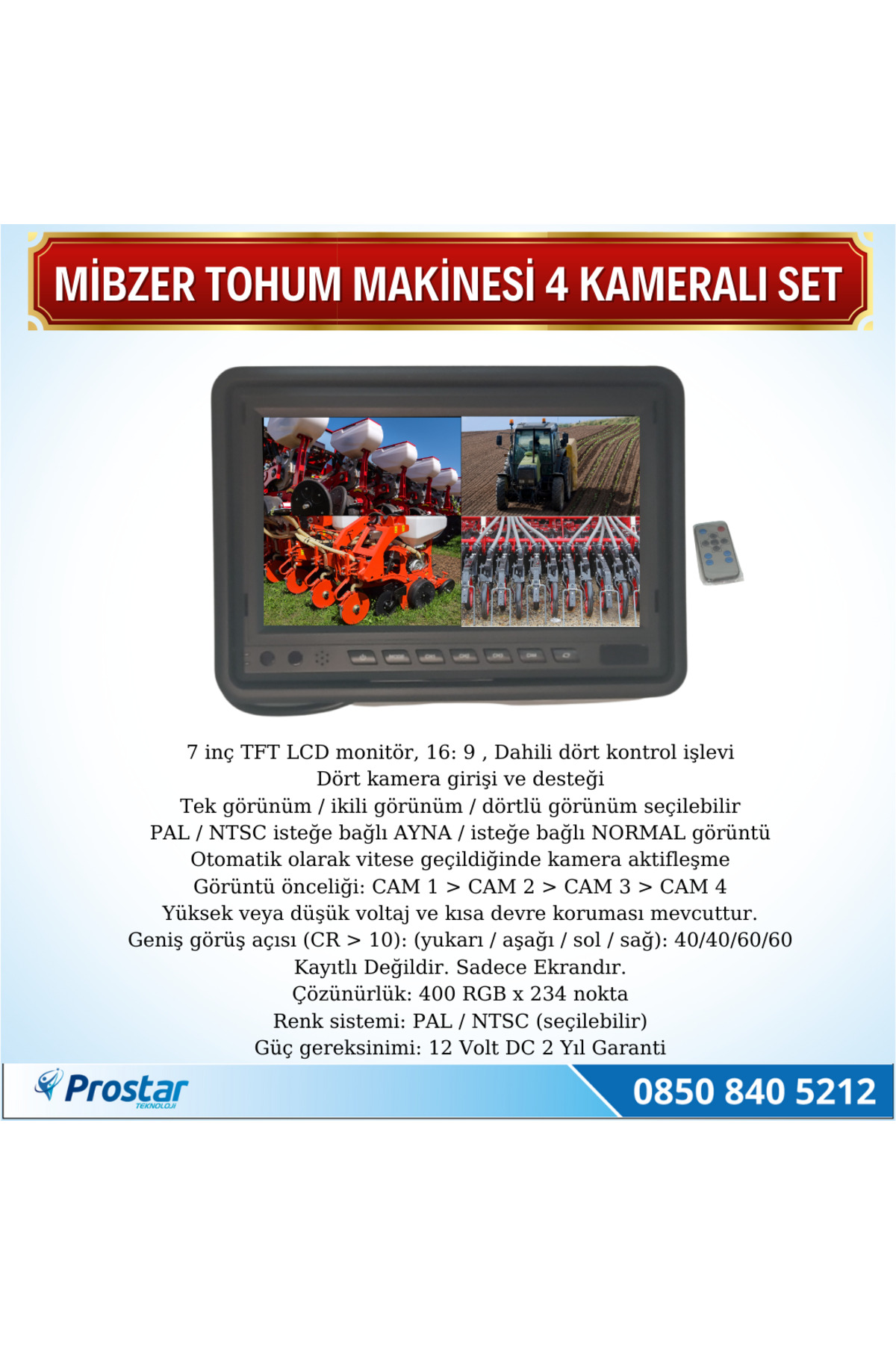 Navistar Mibzer Havalı Tohum Makinesi 4 Kameralı 7 İnç Monitörlü Araç Seti