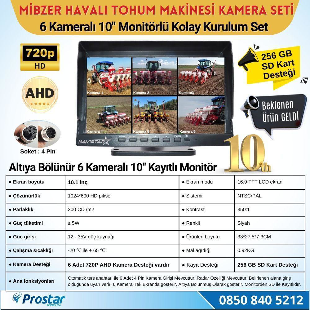 Mibzer için 6 Kameralı 10 Inç Monitör Altıya Bölen Kayıtlı 256 Gb