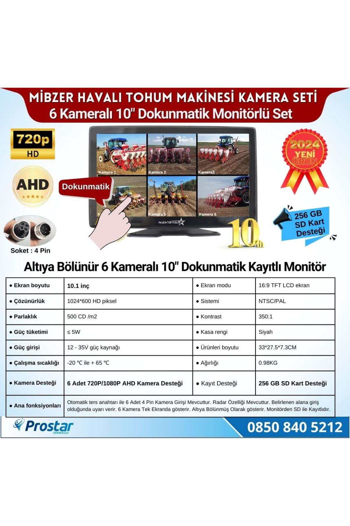 Mibzer Için 6 Kameralı 10 Inç Dokunmatik Monitör Altıya Bölen Kay