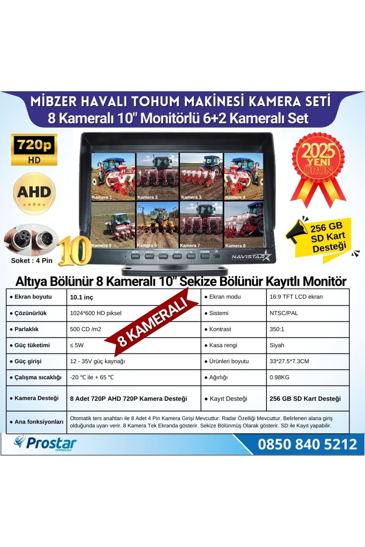 Navistar Mibzer İçin 8 Kameralı 10 İnç Sekize Bölen Monitör 2 Büyük Kamera