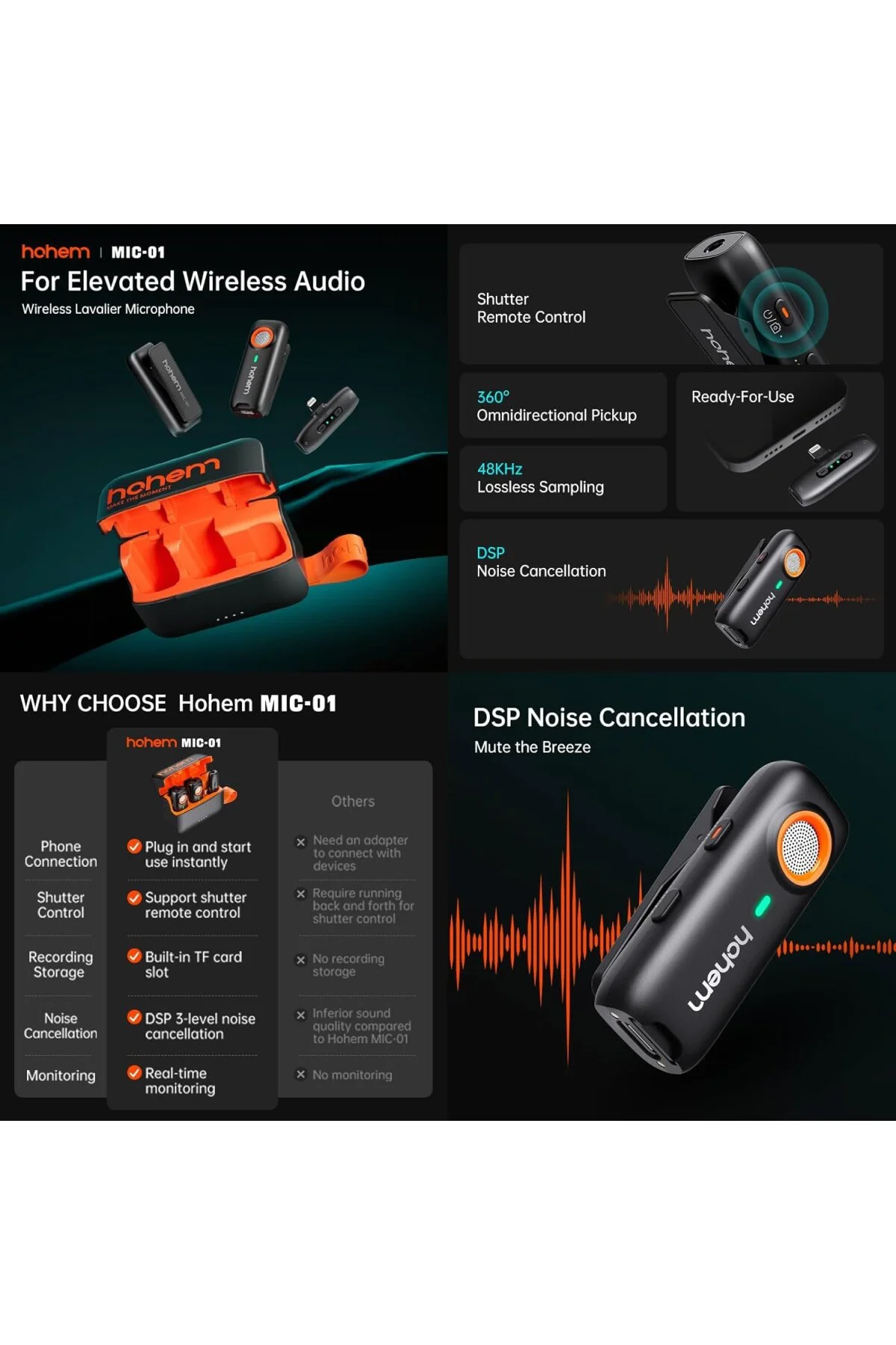 MIC-01 Kablosuz Lavalier Mikrofon, iOS/Andriod için (2 Verici + 1