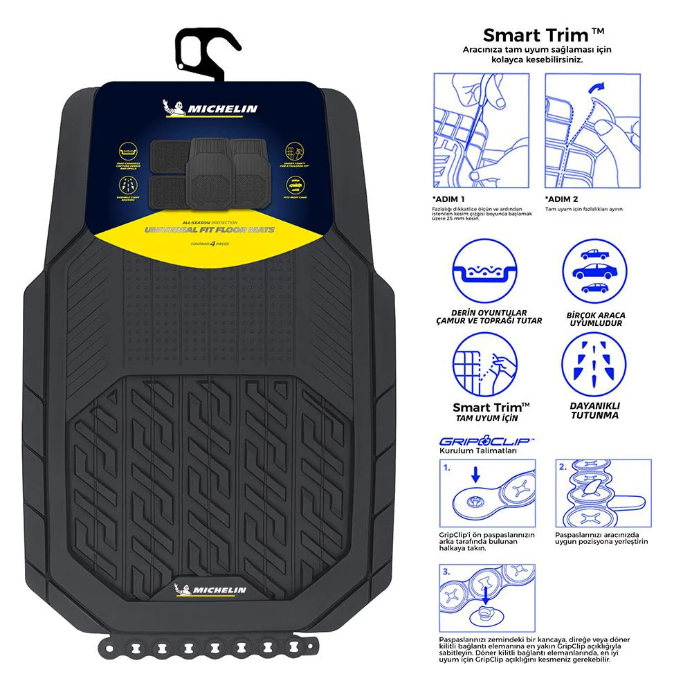 Michelin MC34587 Tüm Araçlara Uyumlu 4 Parça Üniversal 3D Havuzlu Oto Paspas Michelin MC34587 Tüm Araçlara Uyumlu 4 Parça Üniversal 3D Havuzlu Oto Paspas