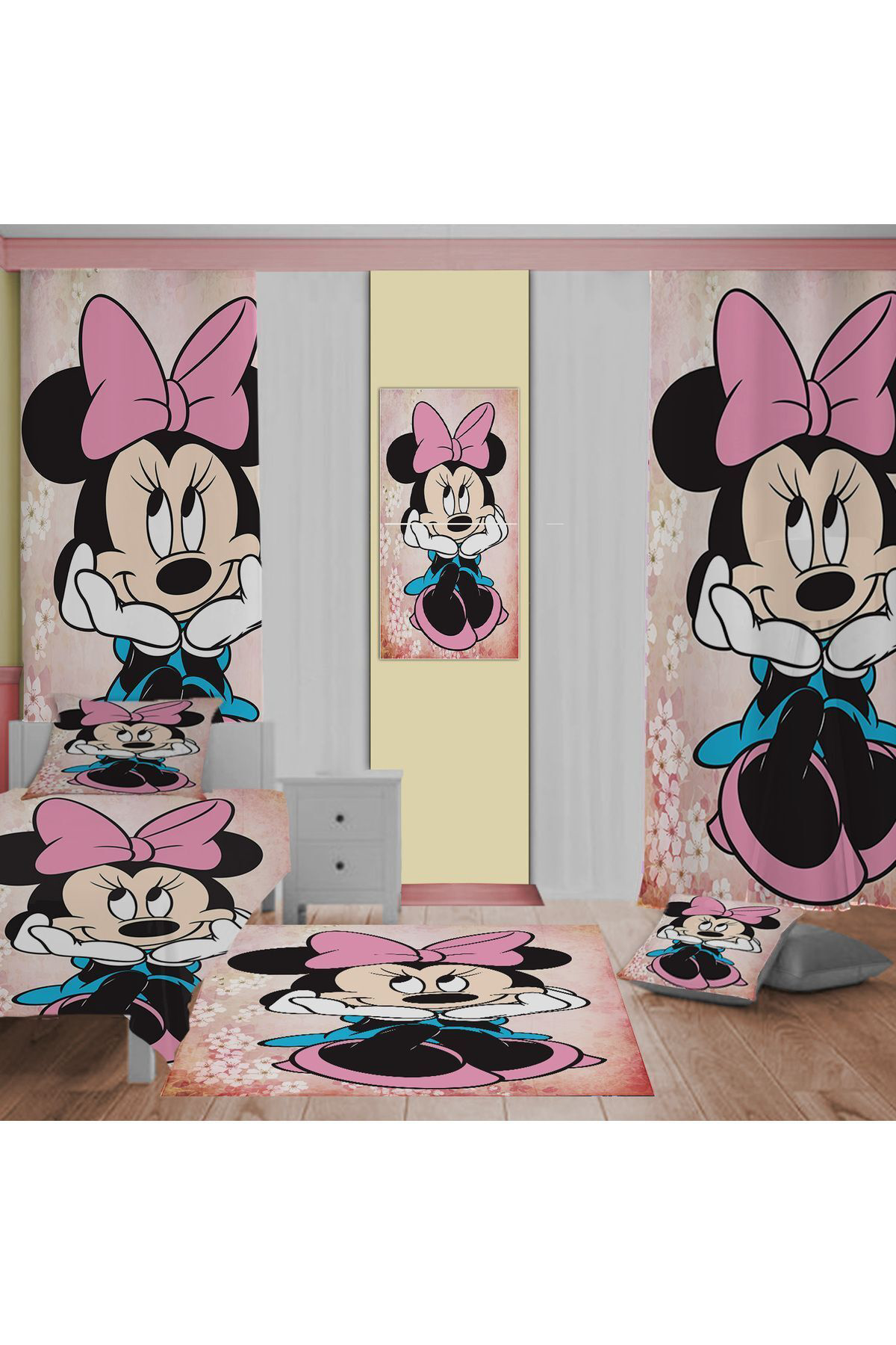 Evan Home Mickey Mouse Desenli Çocuk Odasi Takim Perde (İki Kanat),Yatak Örtüsü,Yastik,Kirlent ,Hali,Tablo
