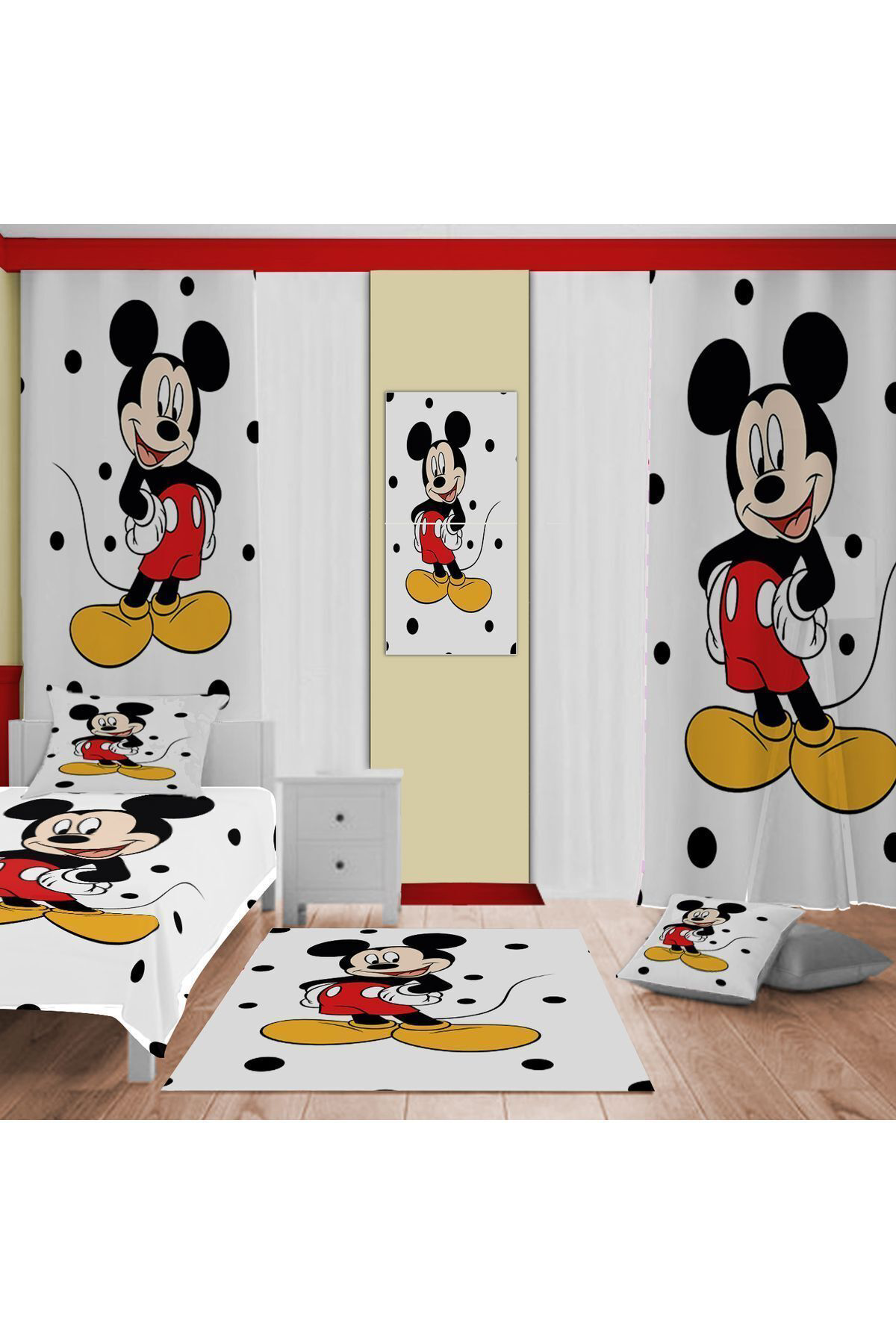 Evan Home Mickey Mouse Desenli Çocuk Odasi Takim Perde (İki Kanat),Yatak Örtüsü,Yastik,Kirlent ,Hali,Tablo