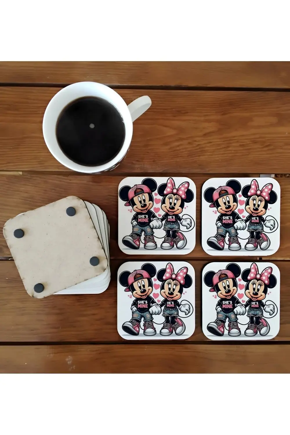 Mickey ve minnie mouse çifti sevgili disney ahşap bardak altlığı