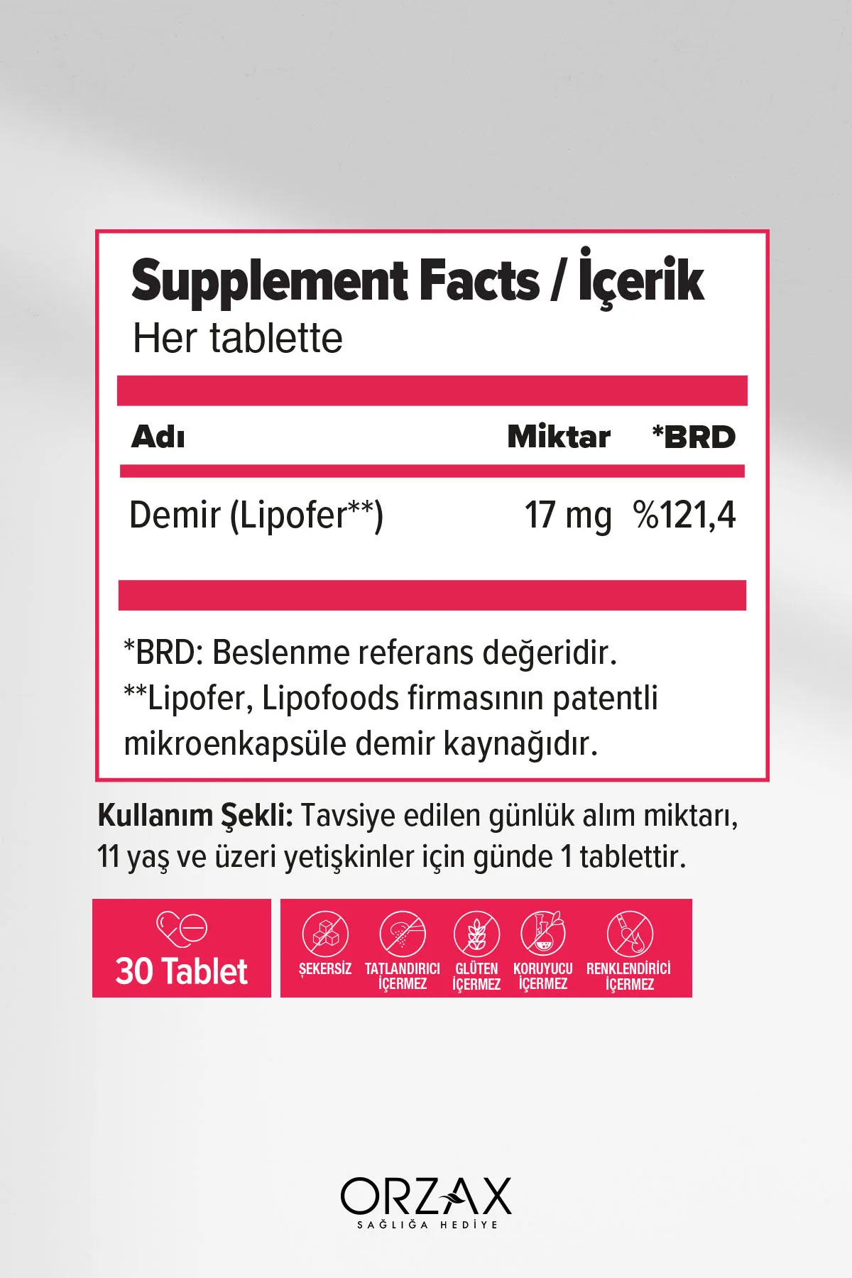 Microfer Demir Takviye Edici Gıda (Lipofer: Patentli Mikroenkapsüle Demir Kaynağı) 30 Tablet