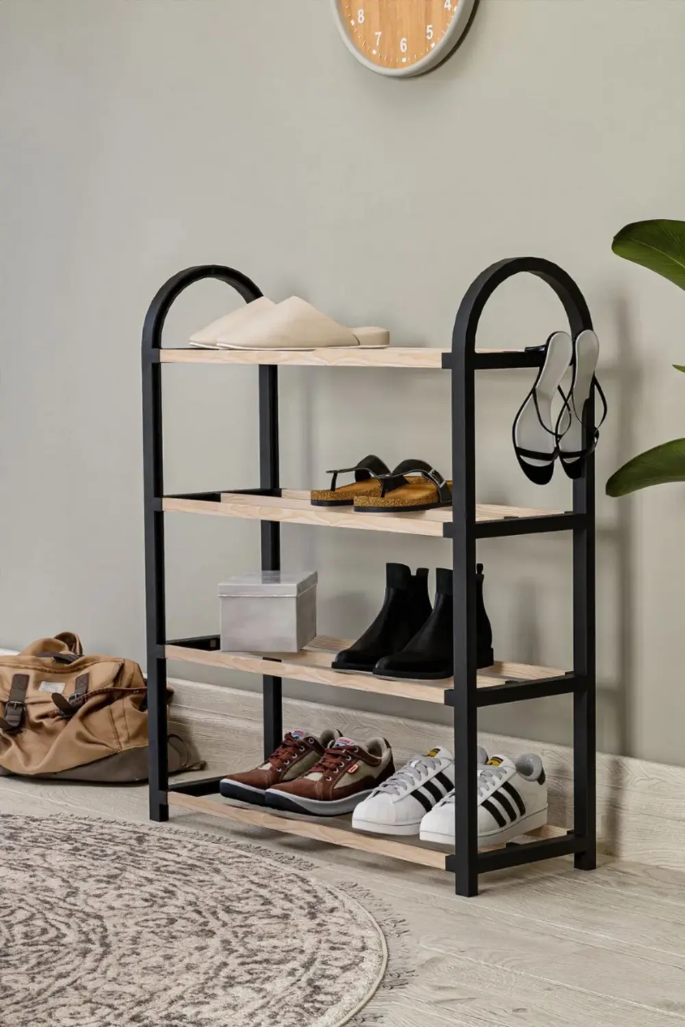 Midi Ahşap Çubuklu 4 Bölmeli  Ayakkabılık 8 Çift Ayakkabı Kapasit