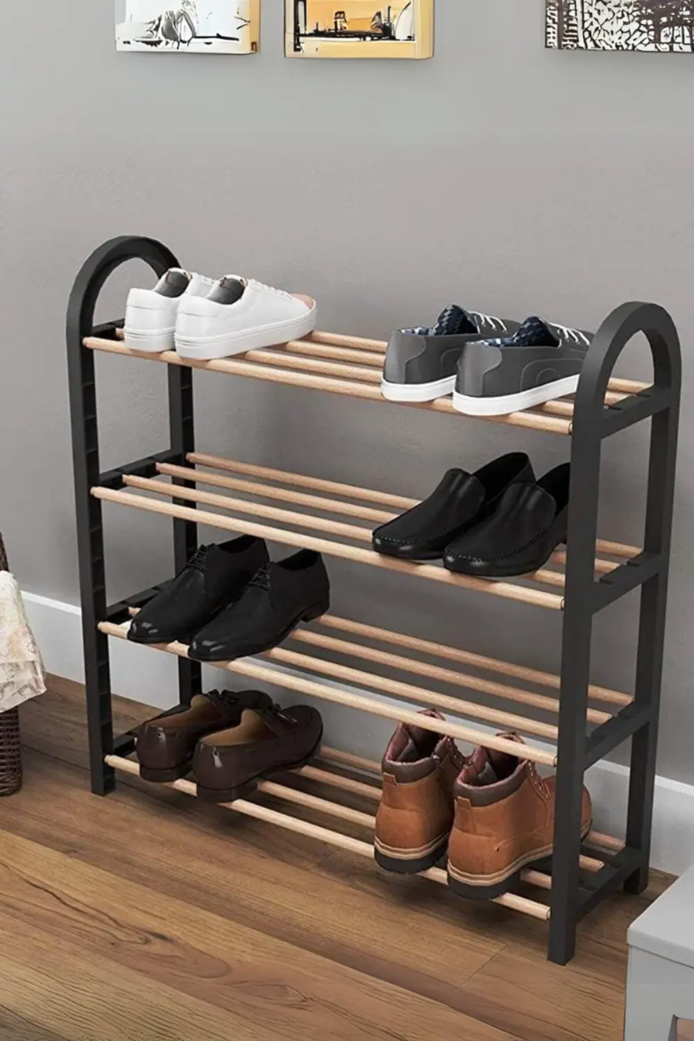 Midi Ahşap Çubuklu 4 Bölmeli  Ayakkabılık 8 Çift Ayakkabı Kapasit