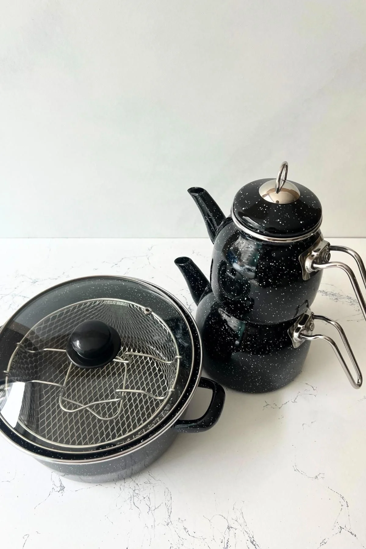 Midnight Dalmaçya - Emaye Çaydanlık Ve 18 Cm Kızartma Tenceresi S
