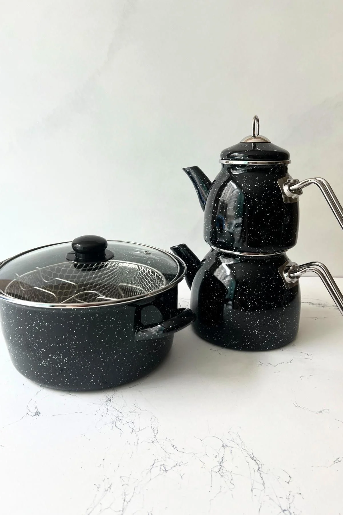 Midnight Dalmaçya - Emaye Çaydanlık Ve 18 Cm Kızartma Tenceresi S