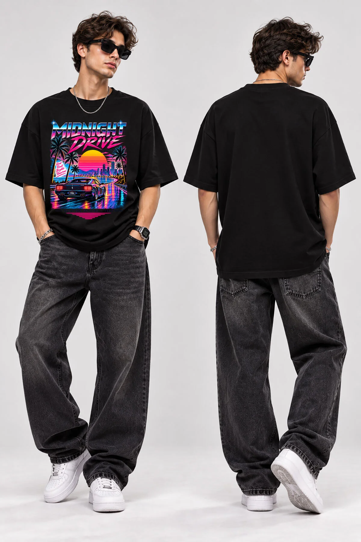 Midnight Drive Araba Baskılı Oversize T-Shirt Unisex 80s Retro Synthwave Neon Streetwear Tişört