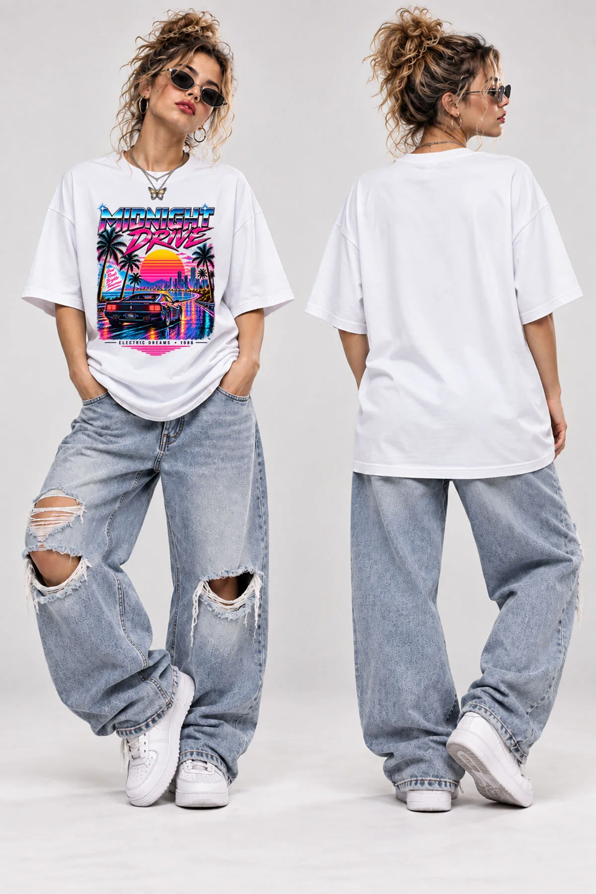 Midnight Drive Araba Baskılı Oversize T-Shirt Unisex 80s Retro Synthwave Neon Streetwear Tişört