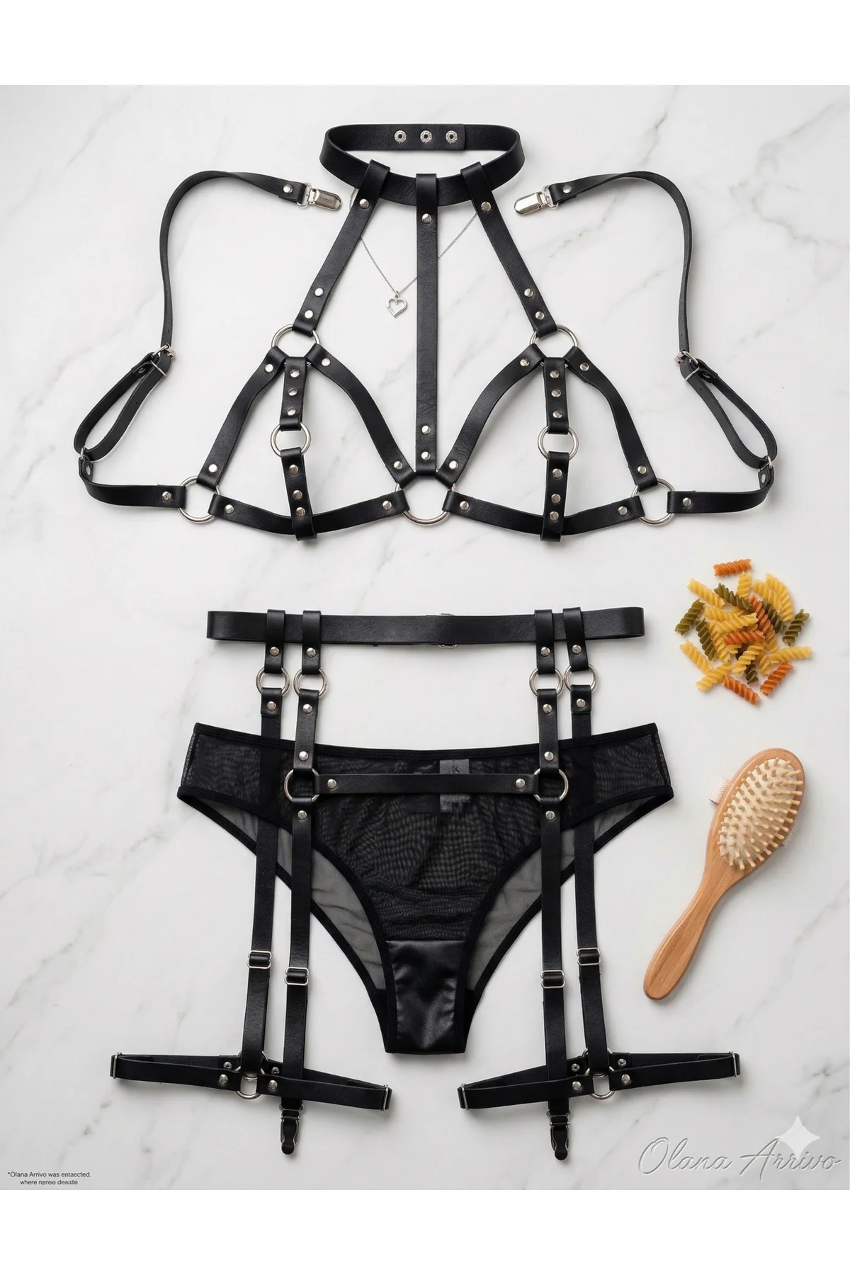 MiissAyza Geometrik Şeritli Siyah Vücut Harness Seti - Metal Halk