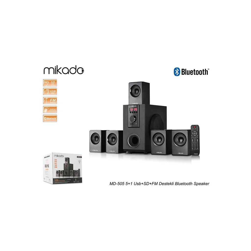 Mikado MD-505 70W 5.1 Bluetooth Ev Sinema Sistemi - FM, USB, SD ve RCA Destekli Masaüstü Ses Sistemi