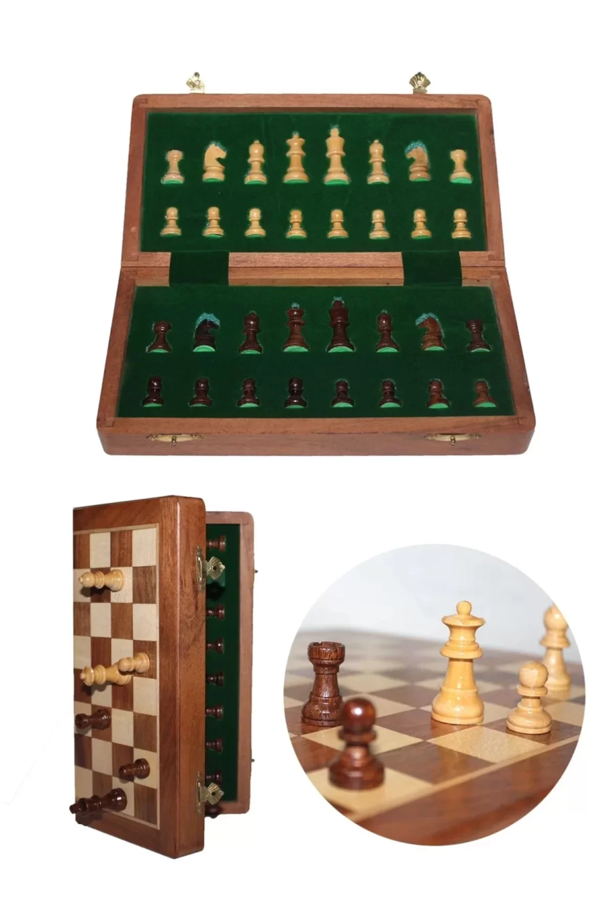 Mıknatıs Taşlı Ahşap Katlanabilir Kutulu Satranç Oyunu 17.5 Cm G6