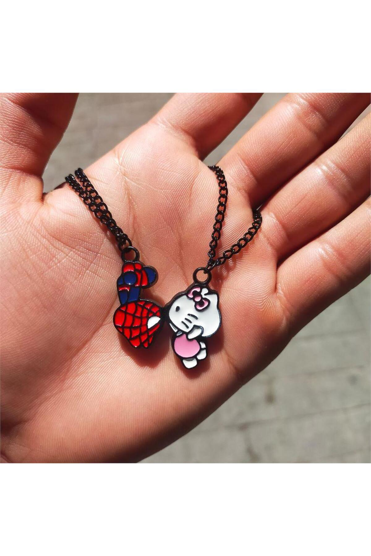 Mıknatıslı Hello Kitty Ve Spider-Man Siyah Zincir Çift Kolye