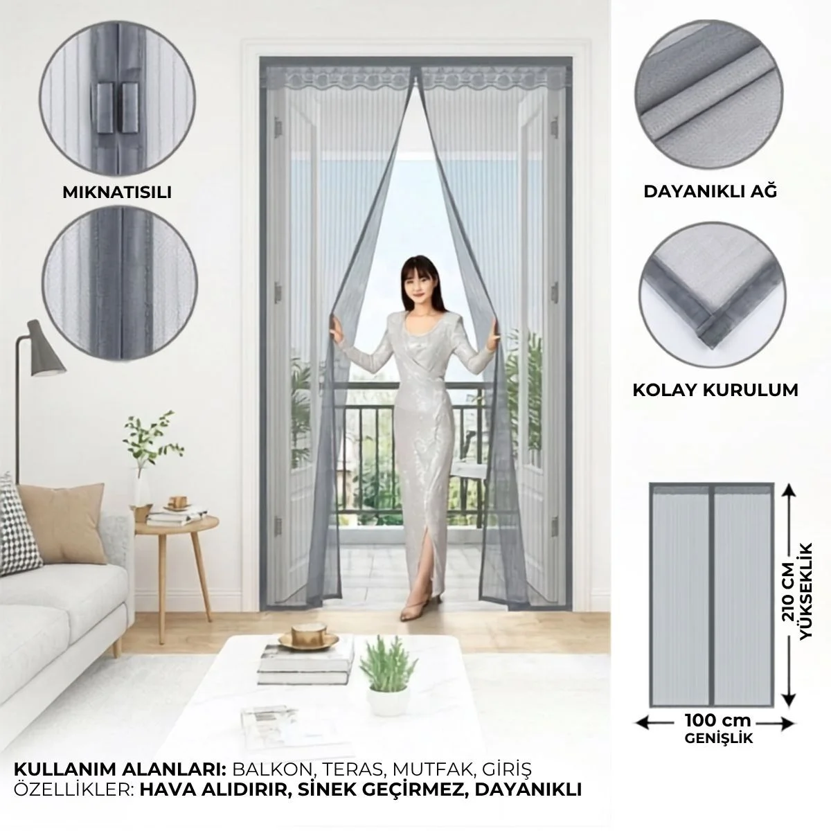 Mıknatıslı Kapı Sinekliği Gri 100x210 cm Otomatik Kapanan Manyetik Tül Sineklik Fiyatı, Yorumları ve Özellikleri