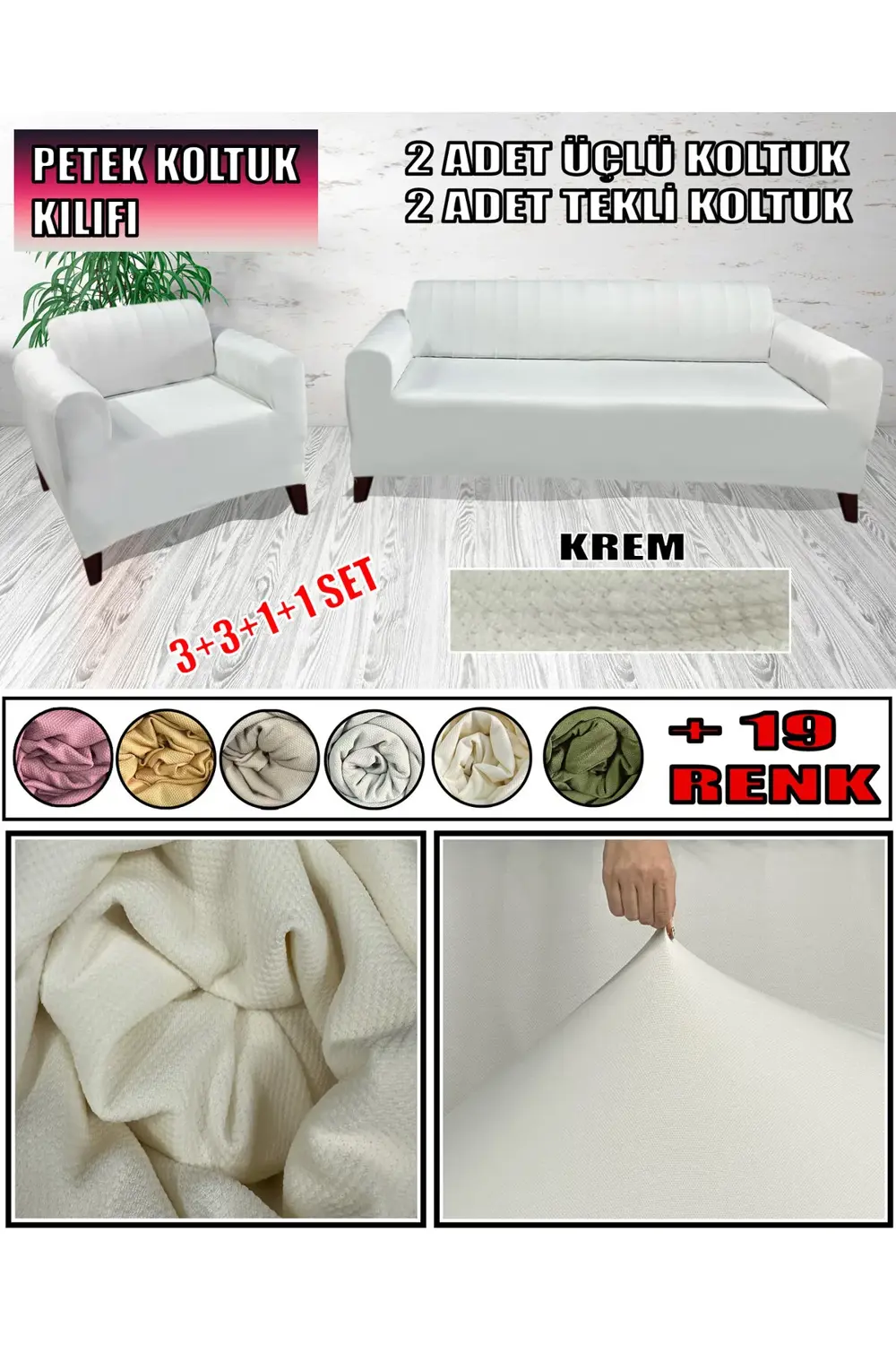 MİKRO PETEK KUMAŞ 2 ADET ÜÇLÜ-2 ADET TEKLİ KOLTUK KILIFI SETİ ARK