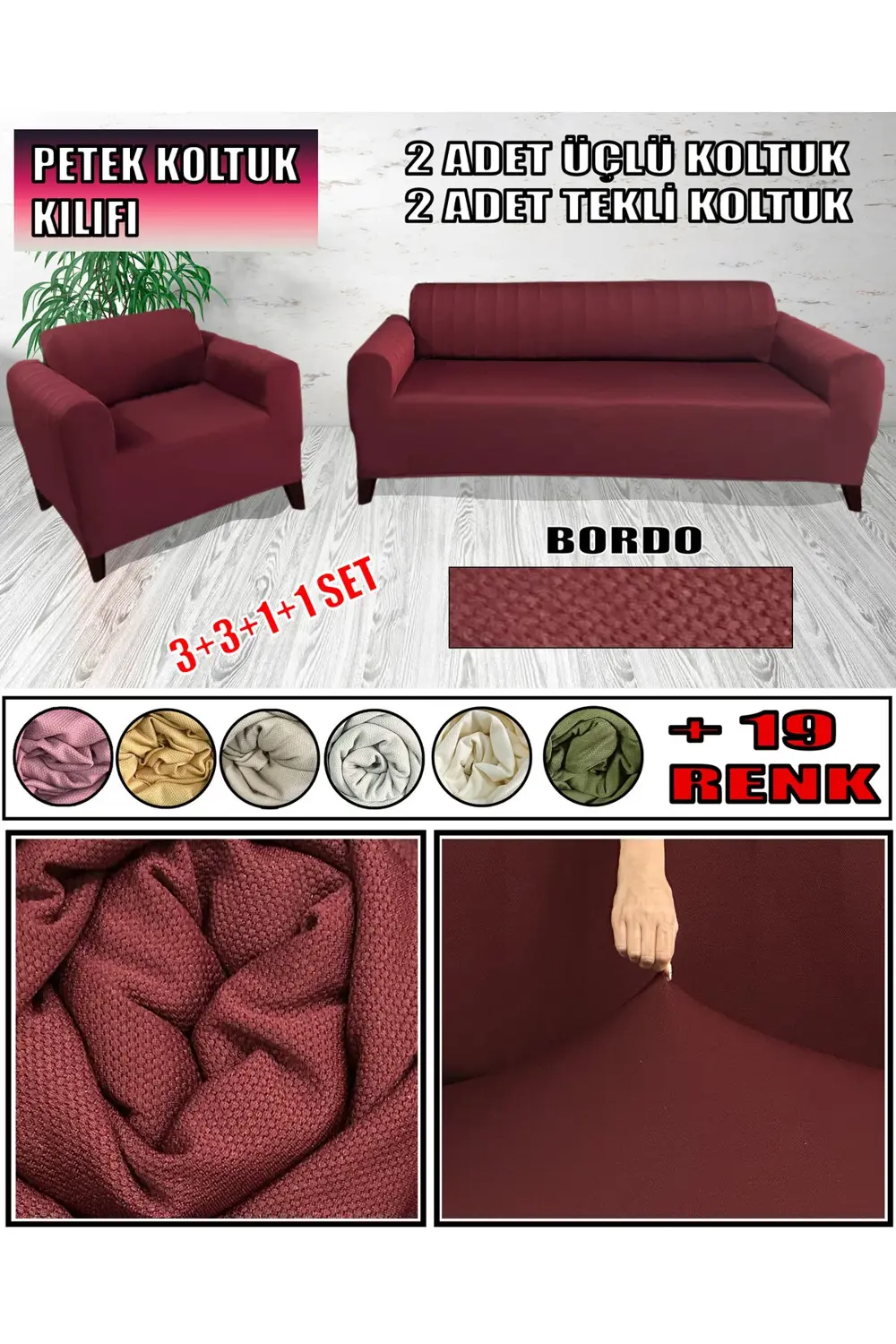 MİKRO PETEK KUMAŞ 2 ADET ÜÇLÜ-2 ADET TEKLİ KOLTUK KILIFI SETİ ARK