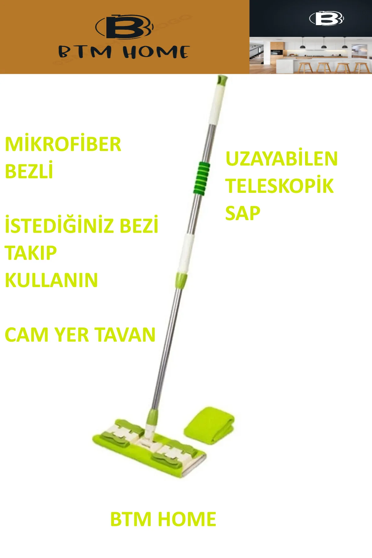 Mikrofiber Mandallı Mop, Teleskopik Saplı Set +1 Yedek Bezli Yeşi