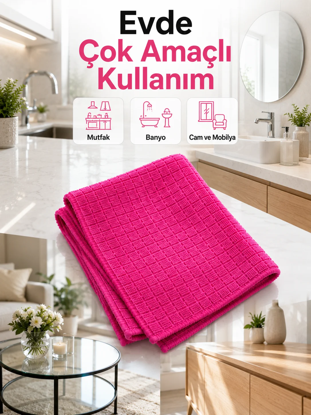 Mikrofiber Temizlik Bezi 40x40 cm Pembe İz Bırakmayan Çok Amaçlı Temizlik Bezi