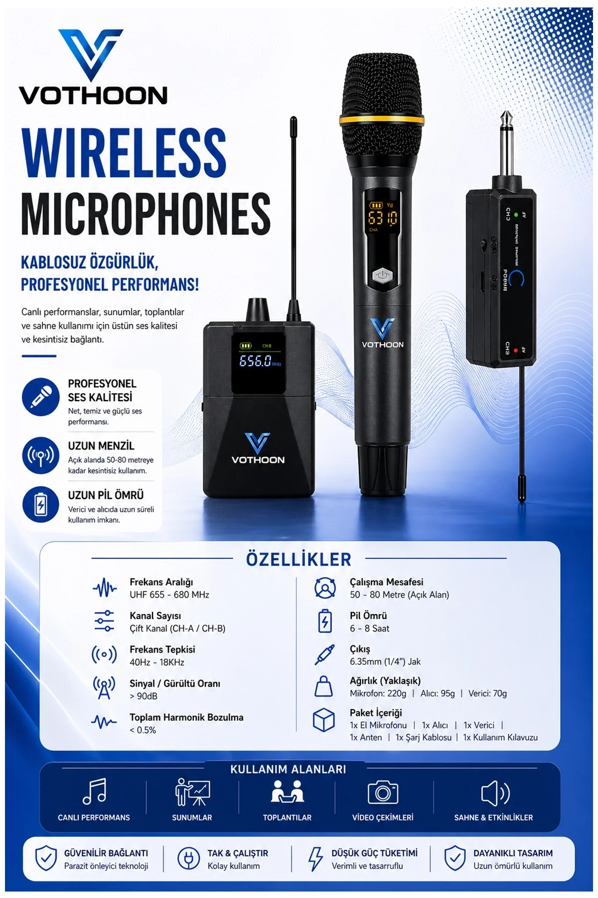 Mikrofon Seti Uhf Çift Kanal Profesyonel El Mikrofonu 50-80m Menzil Fiyatı, Yorumları ve Özellikleri