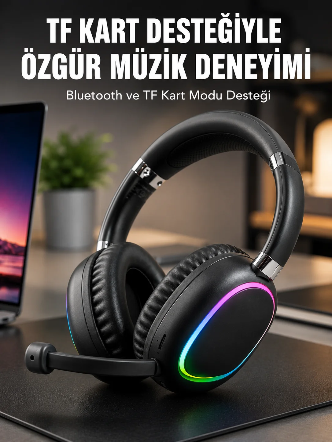 Mikrofonlu Bluetooth Kulak Üstü Kulaklık RGB Aydınlatmalı Type-C Şarjlı
