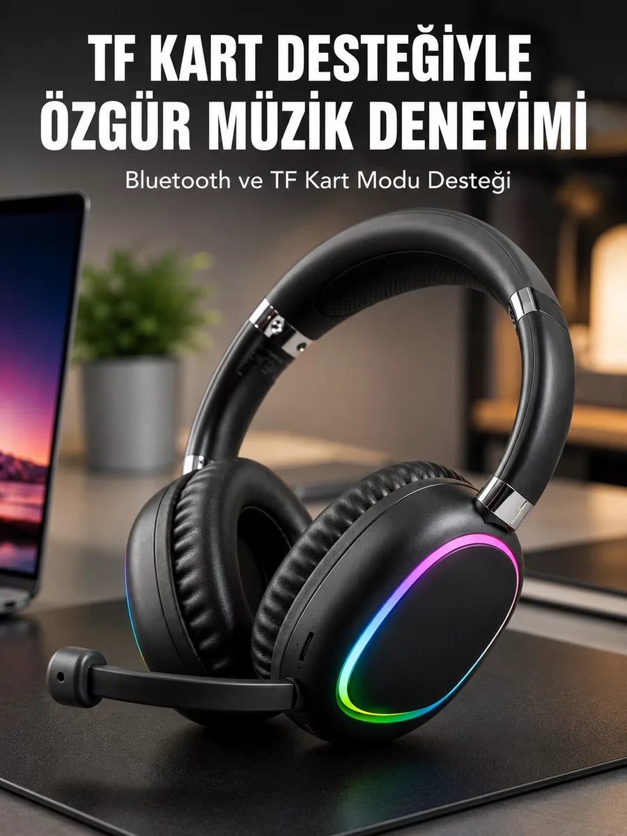 Mikrofonlu Bluetooth Kulaklık RGB Aydınlatmalı ve Type-C Şarjlı - Moda ve Teknoloji Bir Arada
