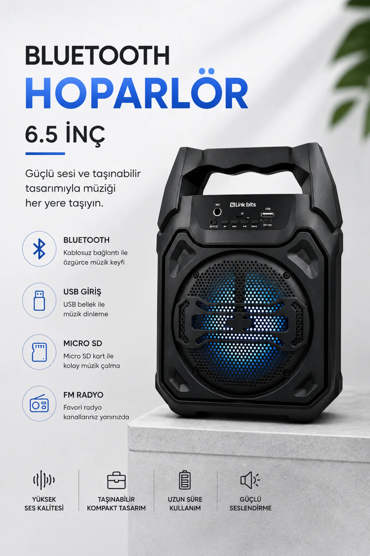 Mikrofonlu Bluetooth Ses Sistemli USB, Micro SD, FM ve Uzun Pil Ömrü