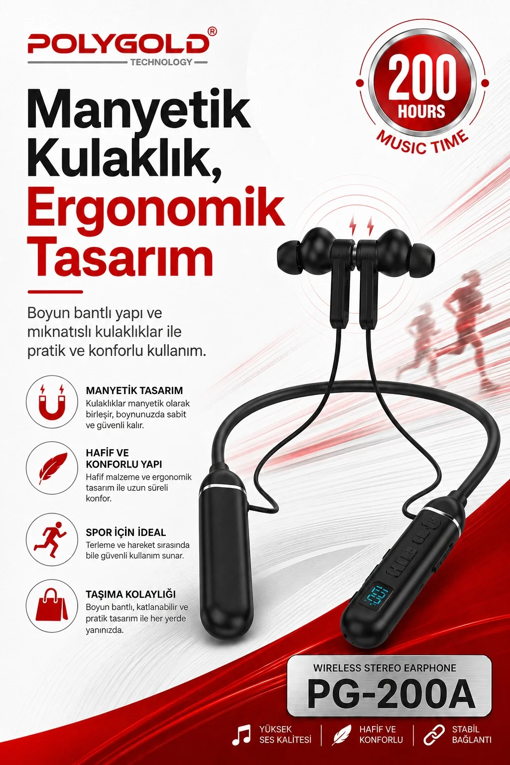 Mikrofonlu Kablosuz Spor Kulak İçi Kulaklık 200 Saat Müzik Dinleme Süreli