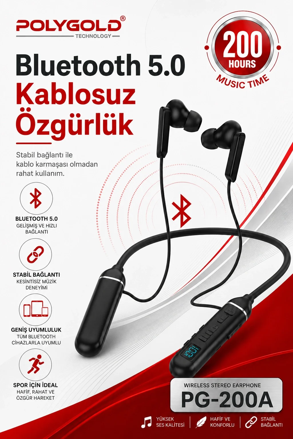 Mikrofonlu Kablosuz Spor Kulak İçi Kulaklık 200 Saat Müzik Dinleme Süreli