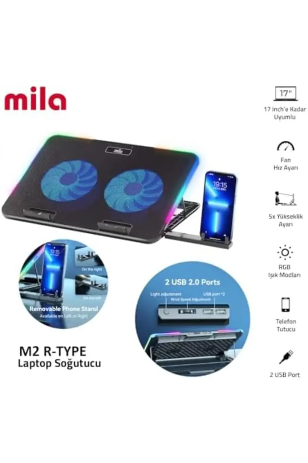 Mila Serisi M2 R-TYPE RGB Işıklı, 2 Büyük Fan, Telefon,2 USB Soğu