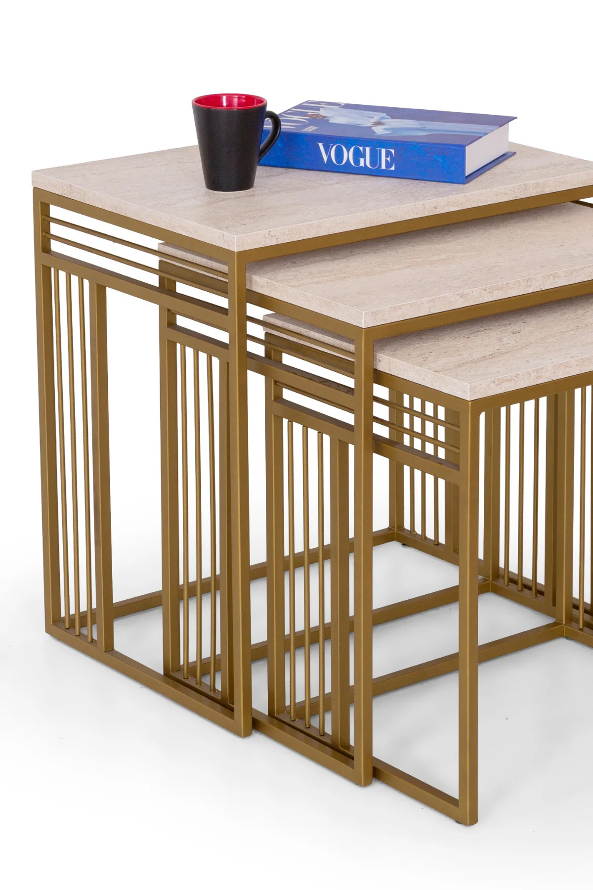 Milano 3’lü Krem Üst Tabla Zigon Sehpa Takımı – Gümüş Metal Ayakl