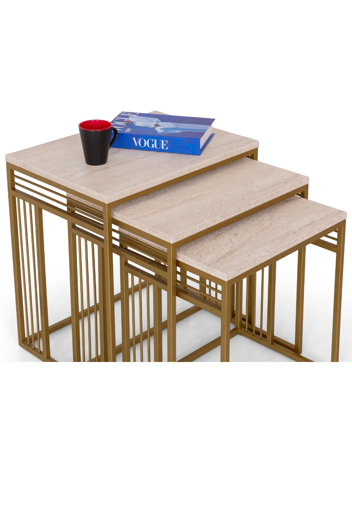 Milano 3’lü Krem Üst Tabla Zigon Sehpa Takımı – Gümüş Metal Ayakl