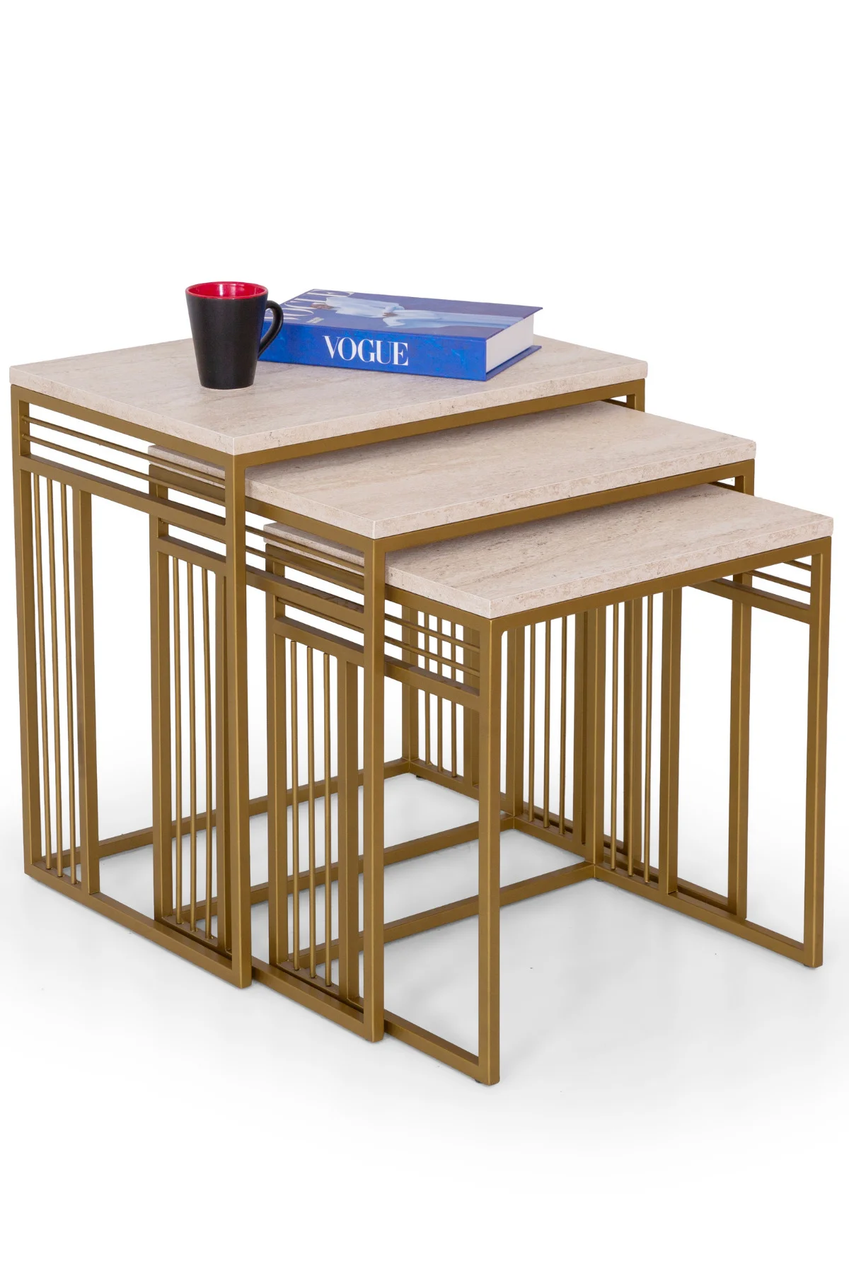 Milano 3’lü Krem Üst Tabla Zigon Sehpa Takımı – Gümüş Metal Ayakl