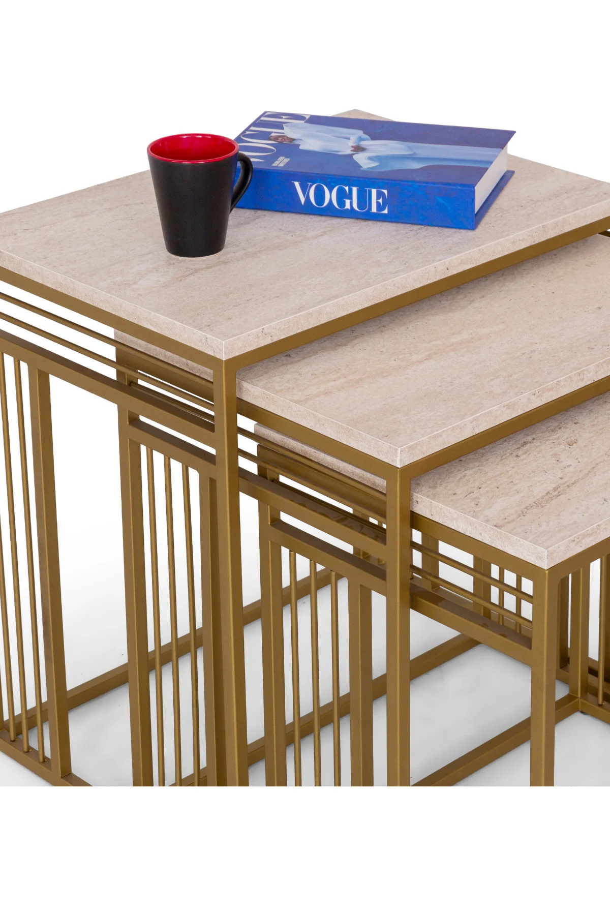 Milano 3’lü Krem Üst Tabla Zigon Sehpa Takımı – Gümüş Metal Ayakl