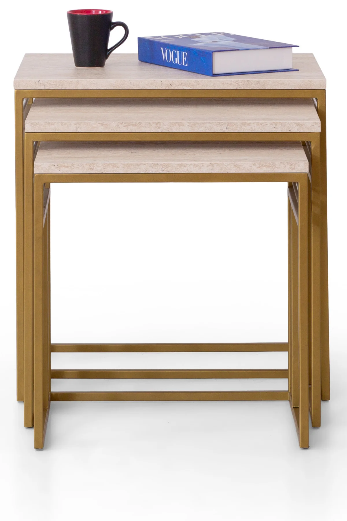 Milano 3’lü Krem Üst Tabla Zigon Sehpa Takımı – Gümüş Metal Ayakl