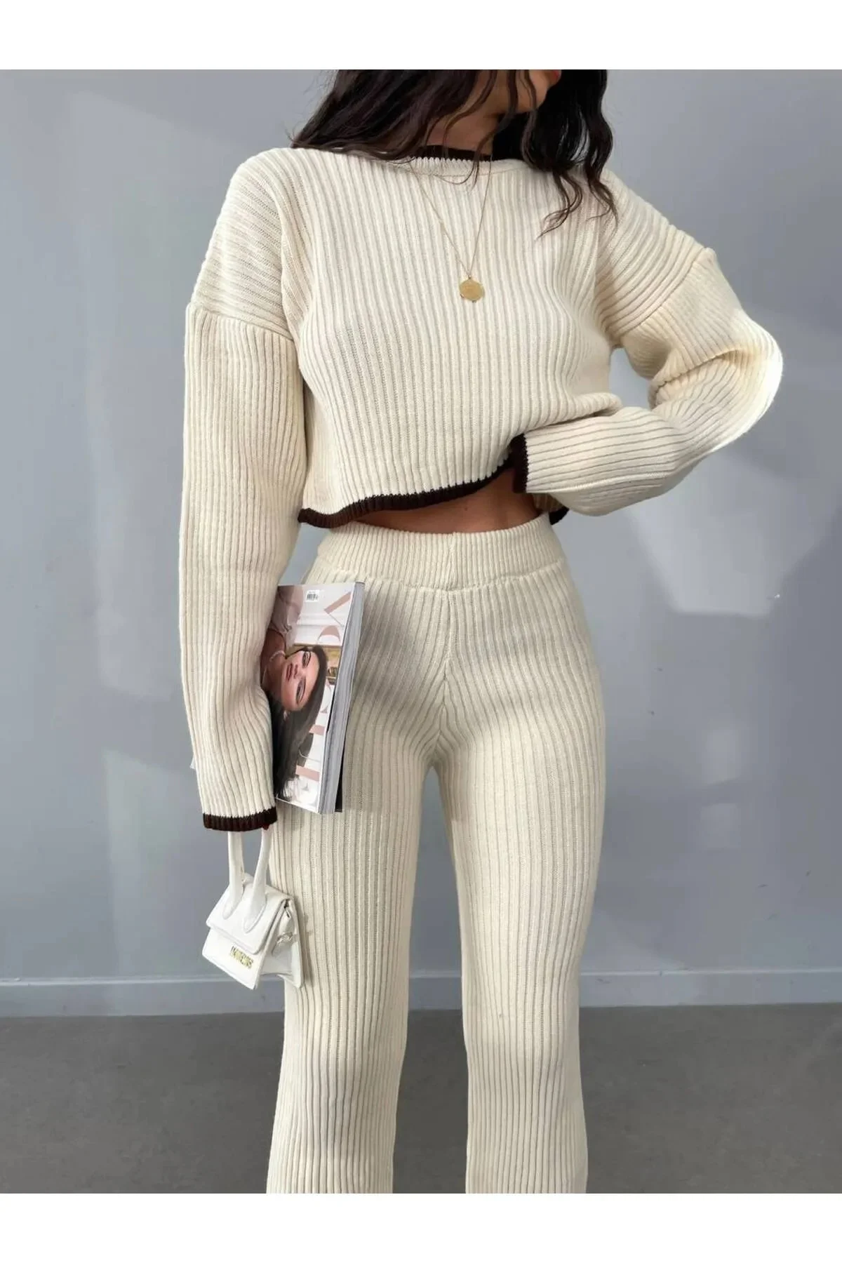 Kadın 2'li Crop Pantolon Takım Siyah Çizgili